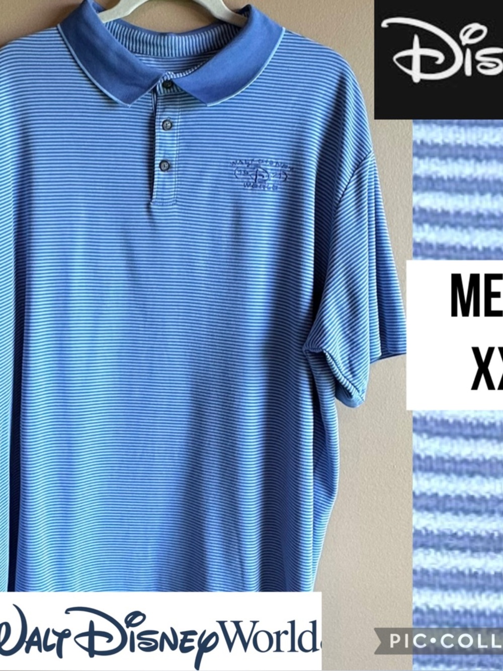 Walt Disney World Mens Polo Golf Short Sleeve Blue White Stripe Disney Parks XXL